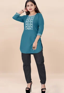 Embroidered Rayon Straight Kurti in Teal Blue