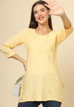 Embroidered Rayon Straight Kurti in Yellow