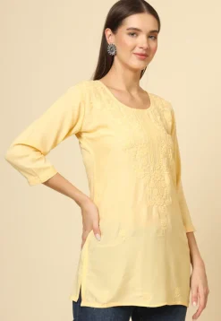 Embroidered Rayon Straight Kurti in Yellow