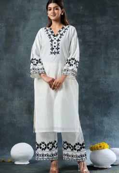 Embroidered Rayon Straight Kurta Set in White