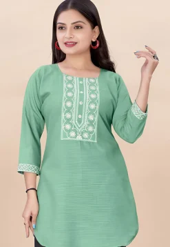 Embroidered Rayon Straight Kurti in Light Green