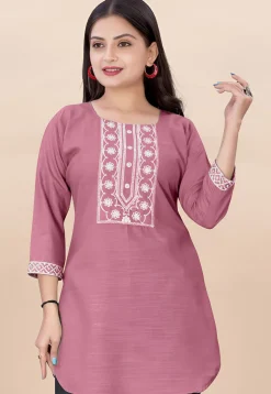 Embroidered Rayon Straight Kurti in Pink
