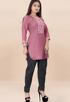 Embroidered Rayon Straight Kurti in Pink