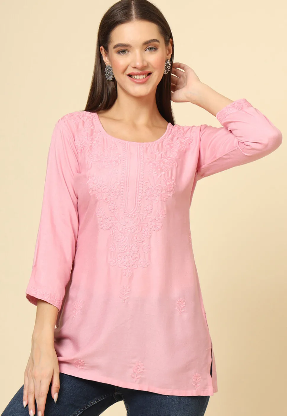 Embroidered Rayon Straight Kurti in Pink