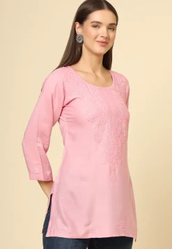 Embroidered Rayon Straight Kurti in Pink
