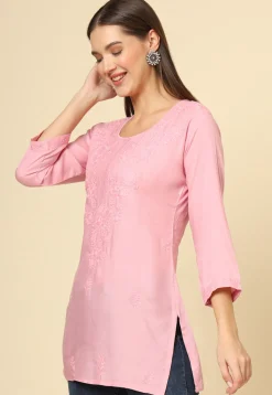 Embroidered Rayon Straight Kurti in Pink