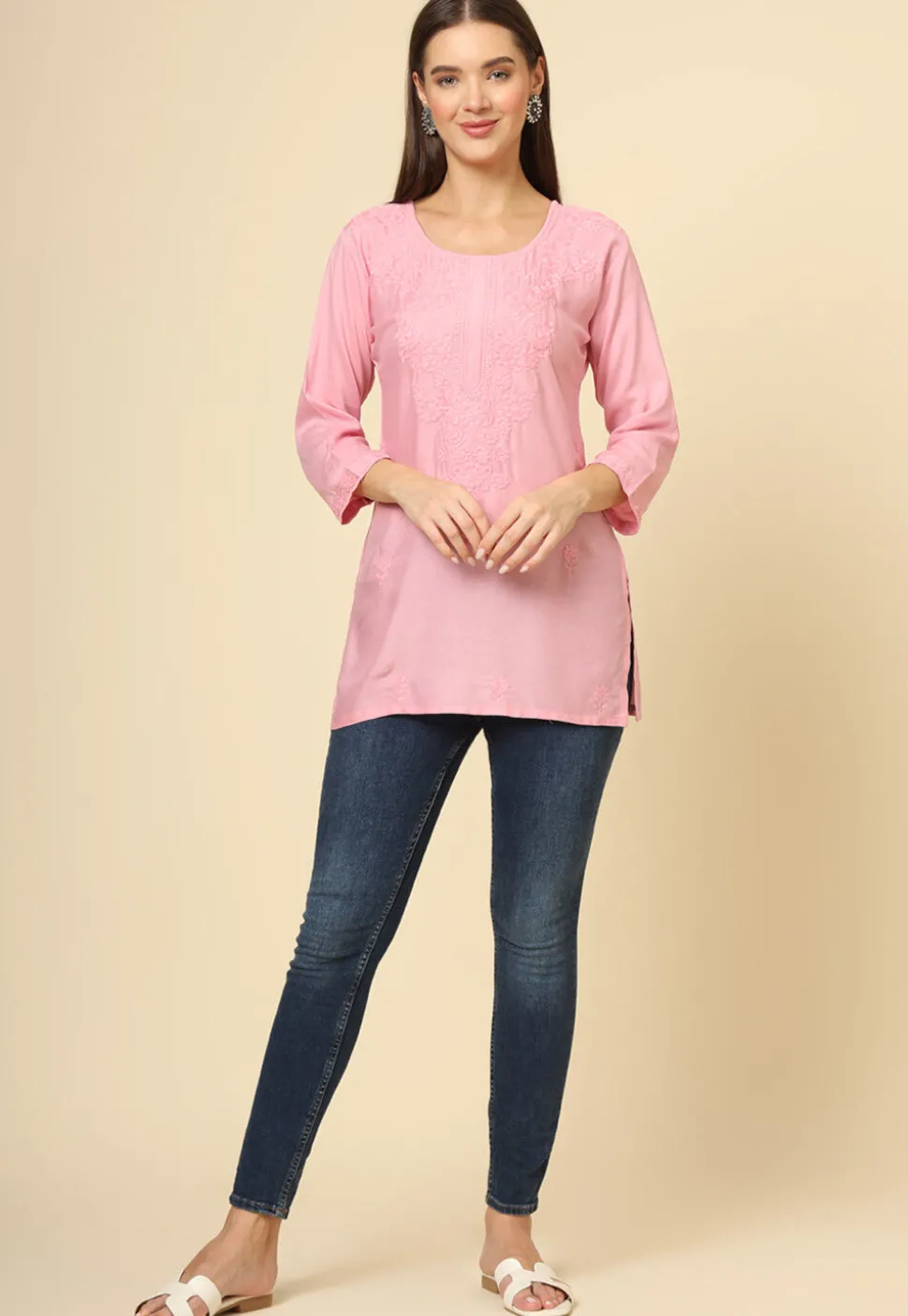 Embroidered Rayon Straight Kurti in Pink