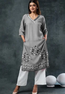 Embroidered Rayon Straight Kurta Set in Grey