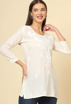 Embroidered Rayon Straight Kurti in Off White