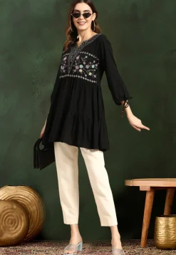 Embroidered Rayon Tunic in Black