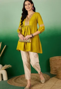 Embroidered Rayon Tunic in Green