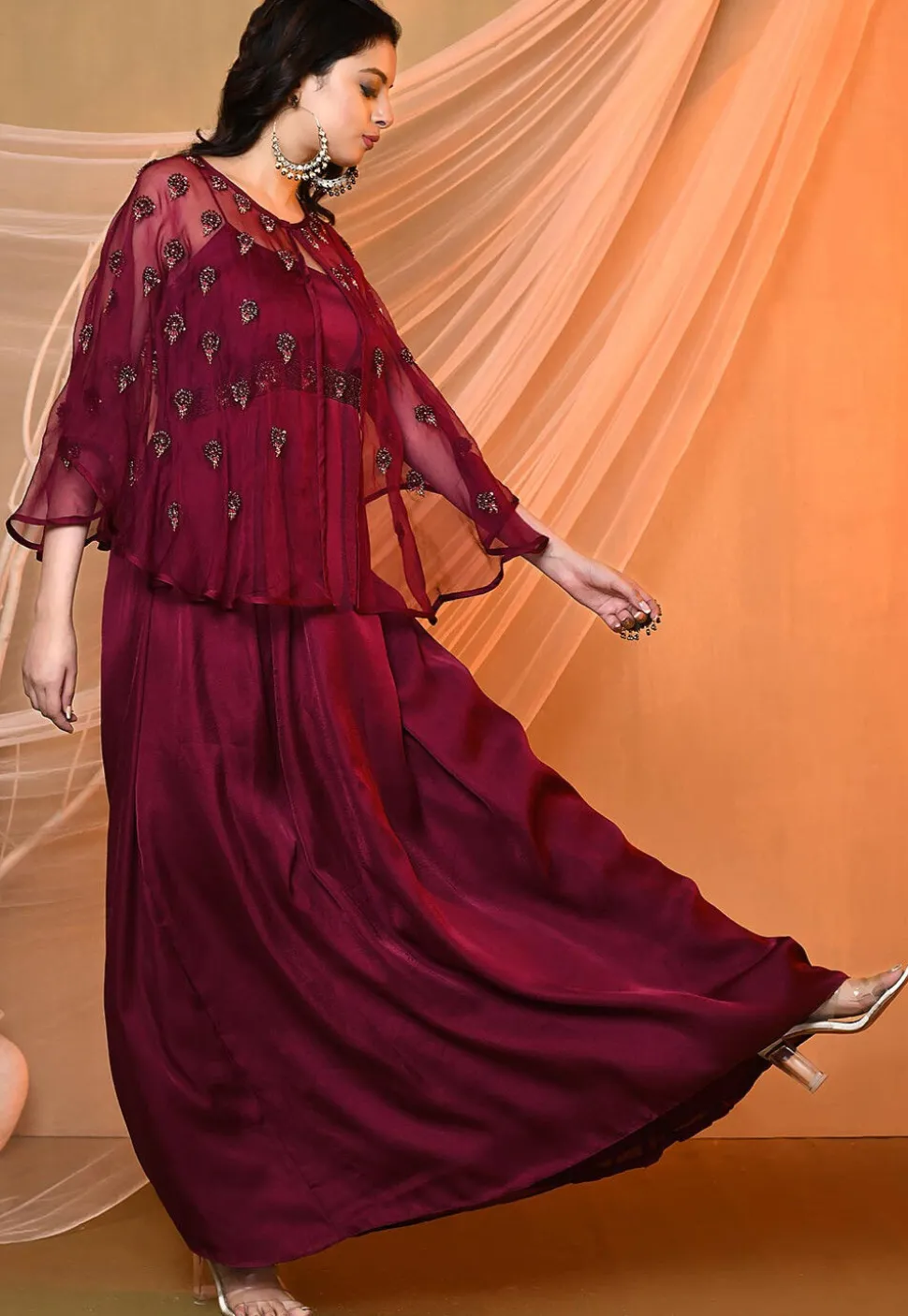 Embroidered Satin Aline Dress in Wine
