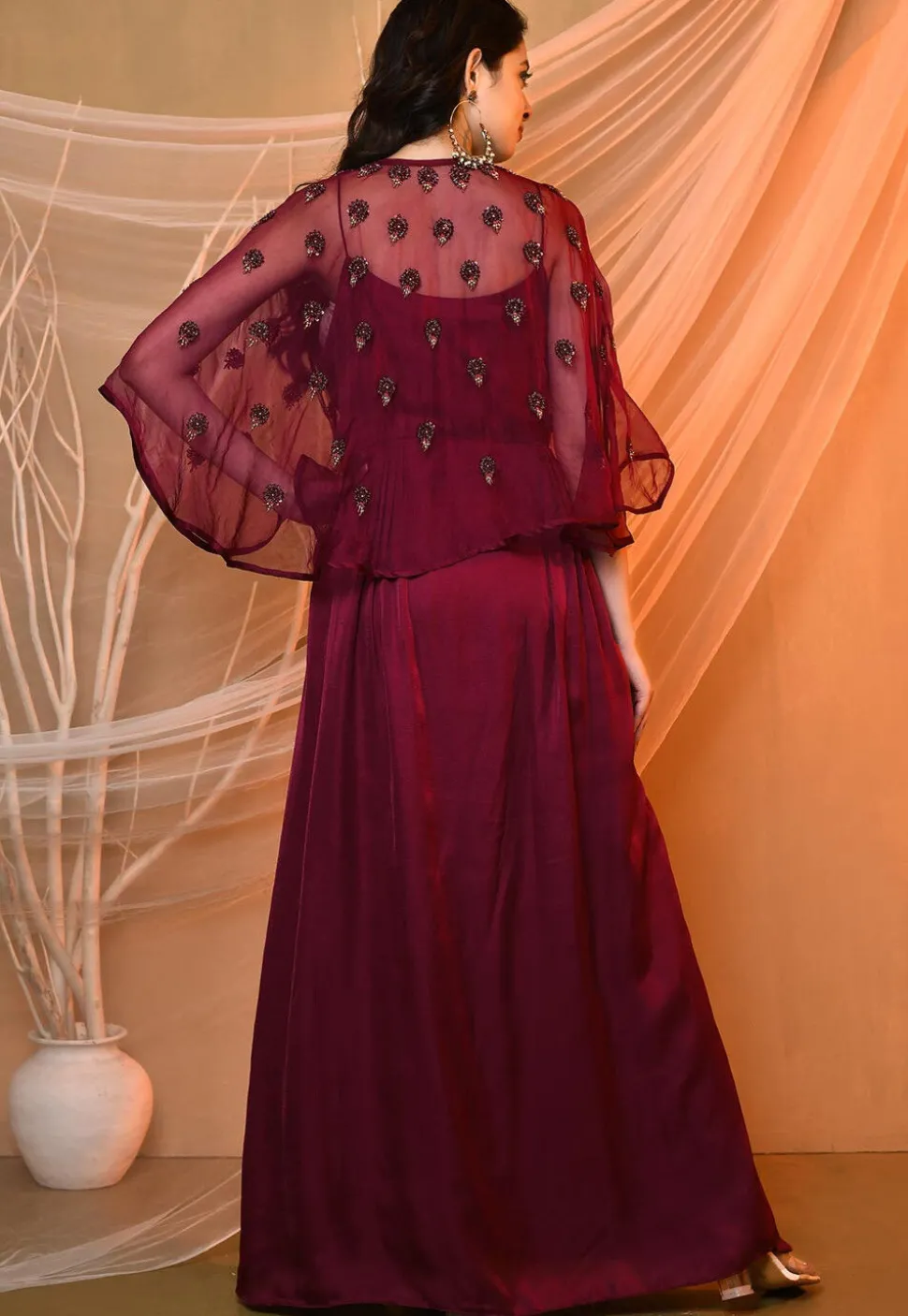 Embroidered Satin Aline Dress in Wine