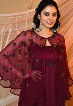 Embroidered Satin Aline Dress in Wine