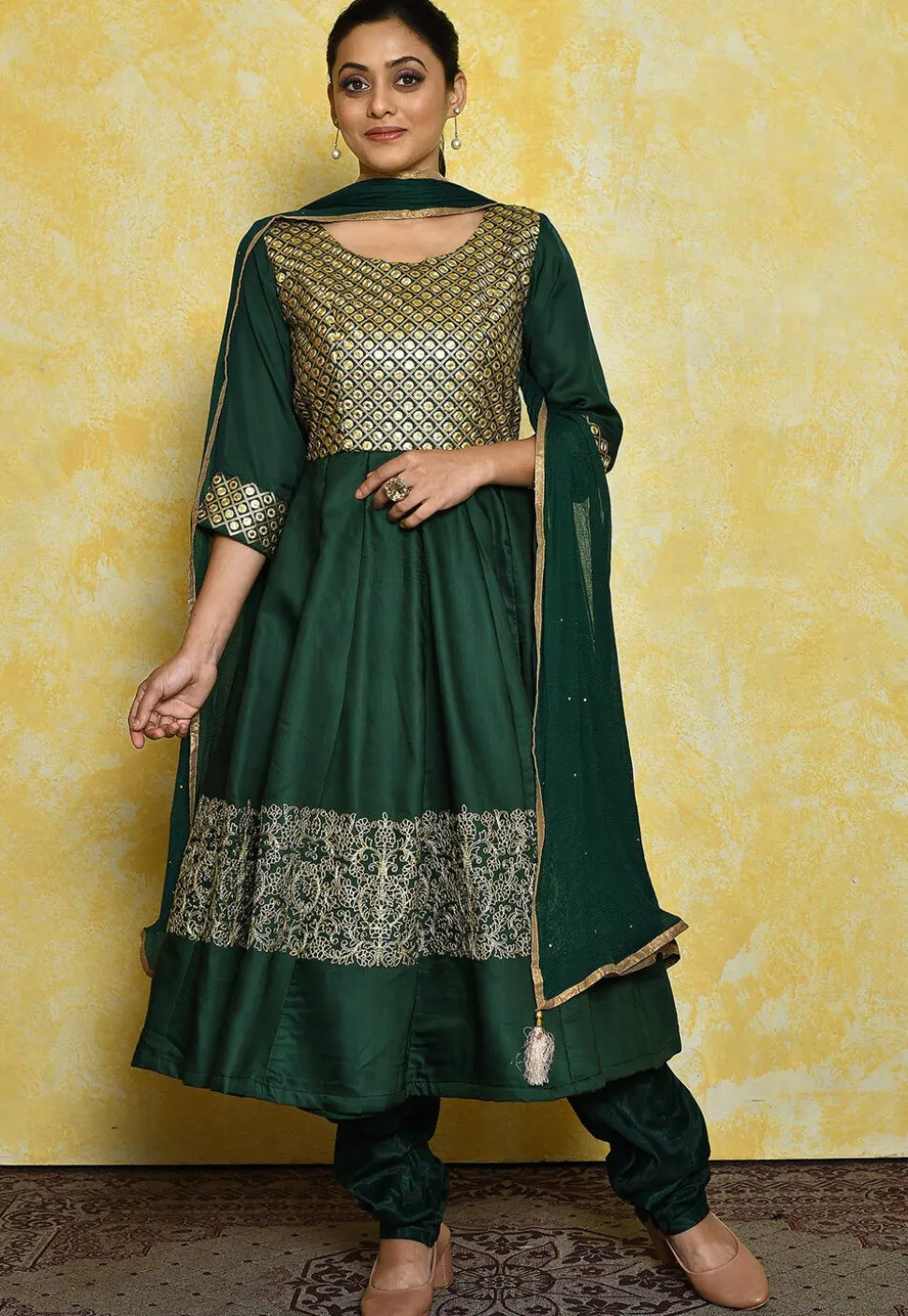Embroidered Satin Anarkali Suit in Dark Green