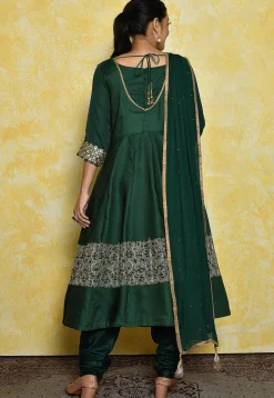 Embroidered Satin Anarkali Suit in Dark Green