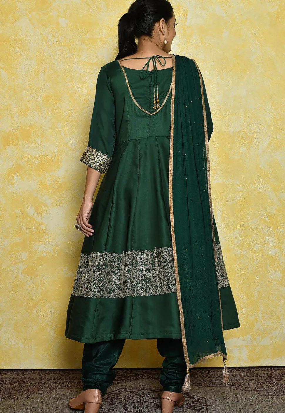 Embroidered Satin Anarkali Suit in Dark Green