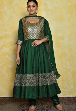 Embroidered Satin Anarkali Suit in Dark Green