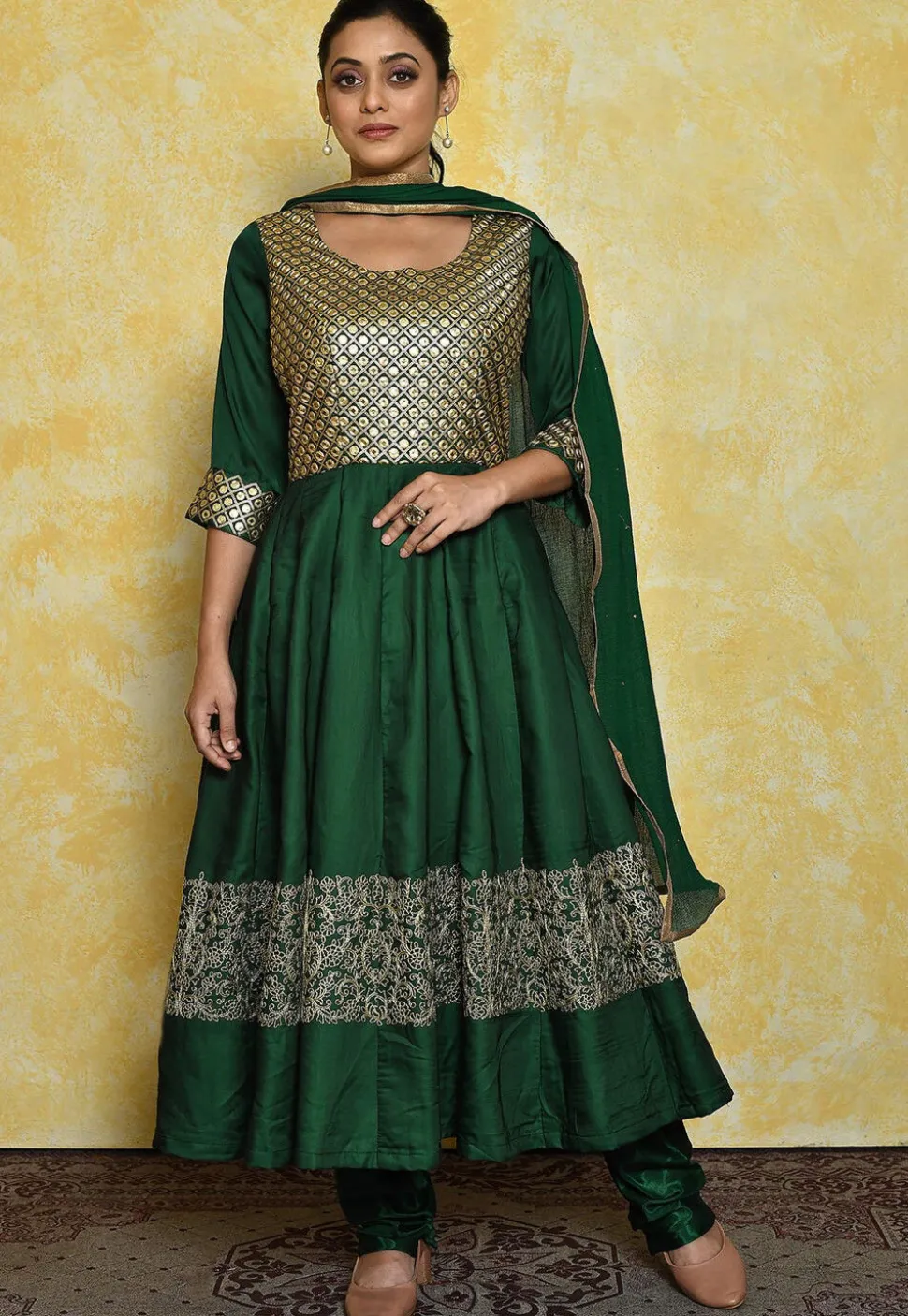 Embroidered Satin Anarkali Suit in Dark Green