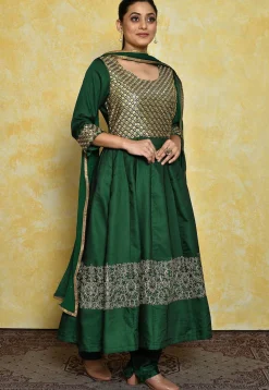 Embroidered Satin Anarkali Suit in Dark Green