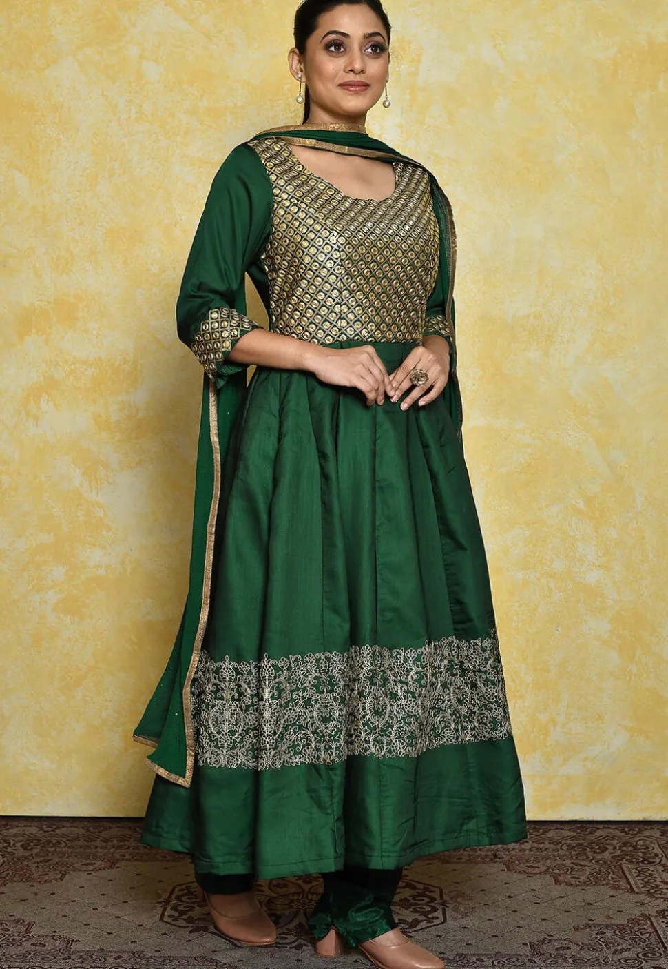 Embroidered Satin Anarkali Suit in Dark Green