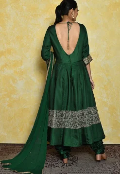 Embroidered Satin Anarkali Suit in Dark Green