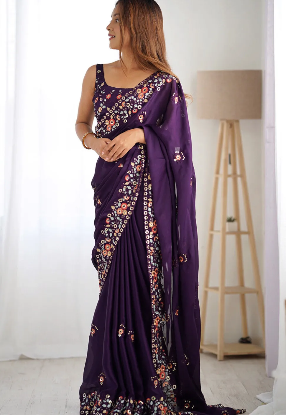 Embroidered Satin Chiffon Scalloped Saree in Purple