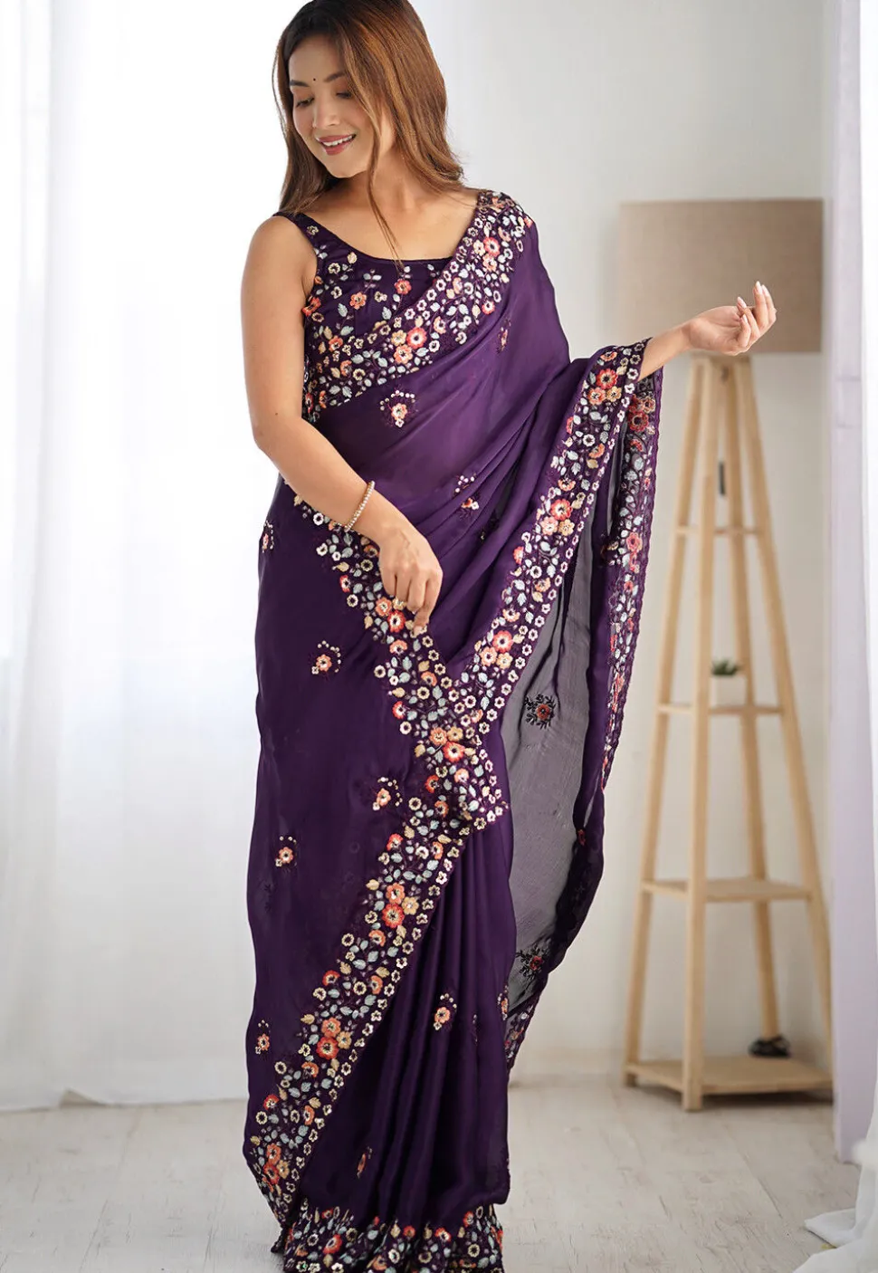 Embroidered Satin Chiffon Scalloped Saree in Purple