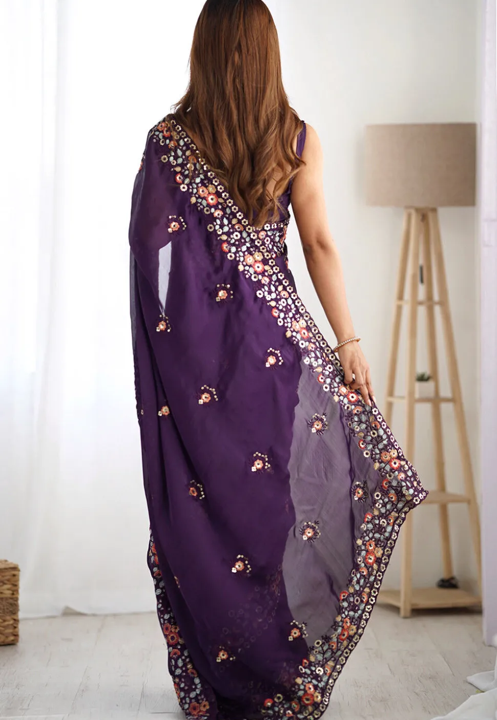 Embroidered Satin Chiffon Scalloped Saree in Purple