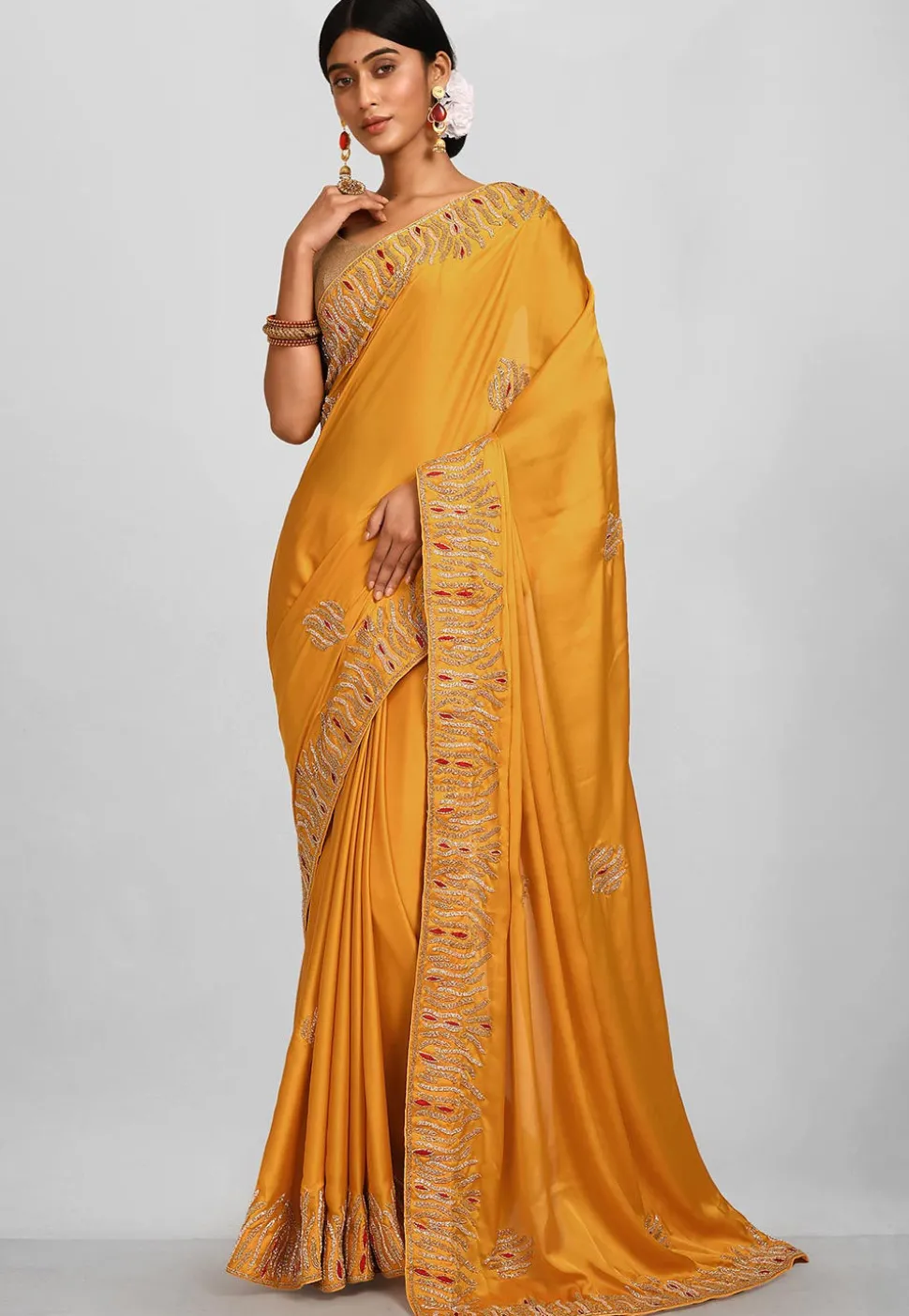 Embroidered Satin Georgette Saree in Mustard