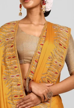 Embroidered Satin Georgette Saree in Mustard