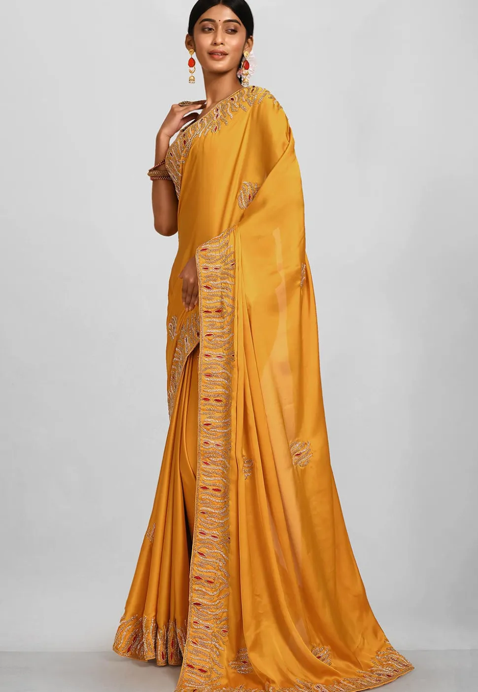 Embroidered Satin Georgette Saree in Mustard