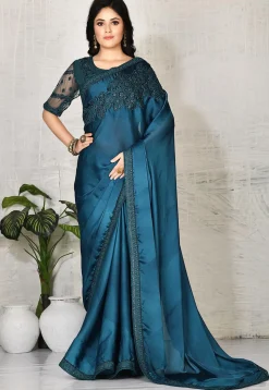 Embroidered Satin Georgette Saree in Dark Teal Blue Dual Tone