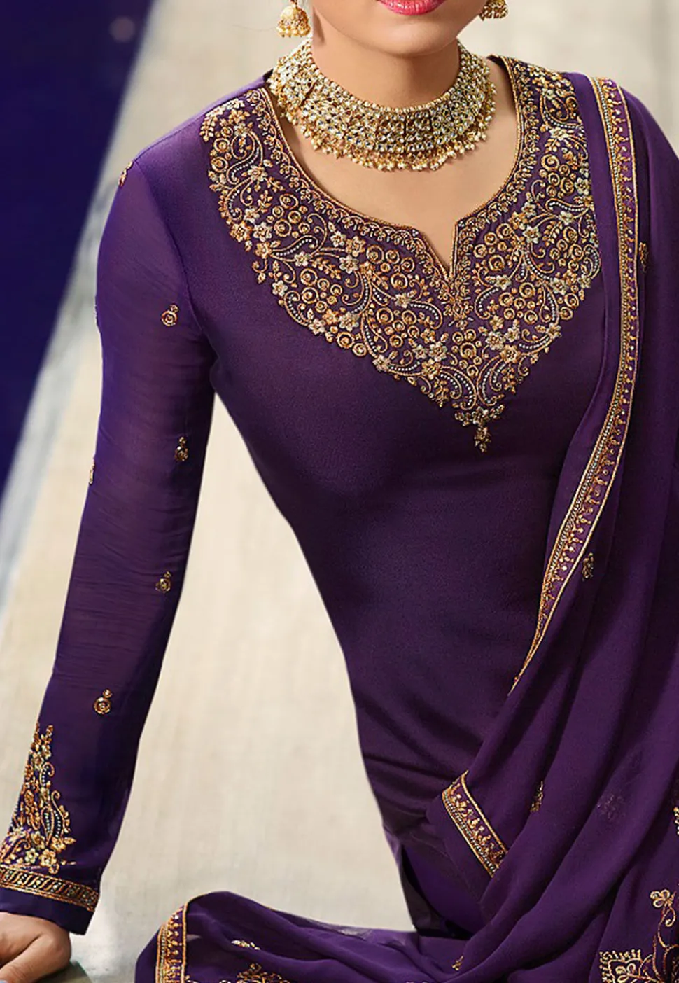 Embroidered Satin Georgette Straight Suit in Purple