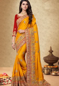 Embroidered Satin Georgette Saree in Mustard