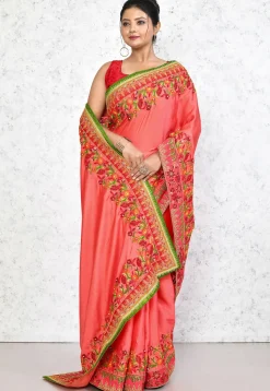Embroidered Satin Georgette Saree in Peach