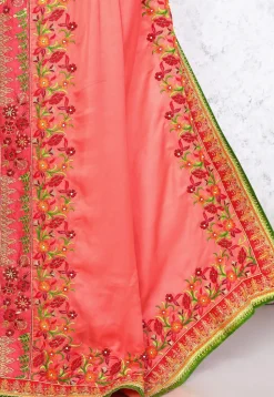 Embroidered Satin Georgette Saree in Peach