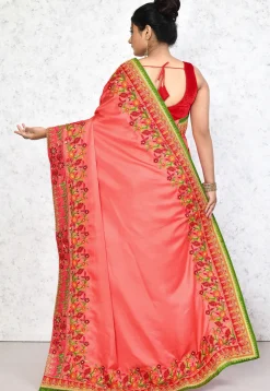Embroidered Satin Georgette Saree in Peach