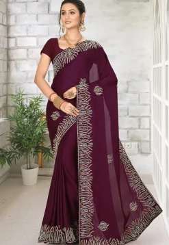 Embroidered Satin Georgette Saree in Violet