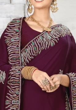Embroidered Satin Georgette Saree in Violet