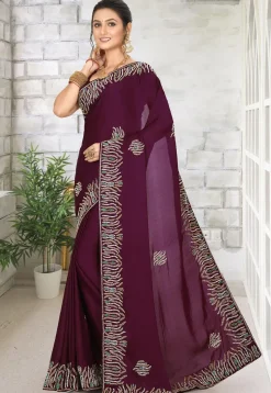 Embroidered Satin Georgette Saree in Violet