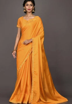 Embroidered Satin Georgette Saree in Orange