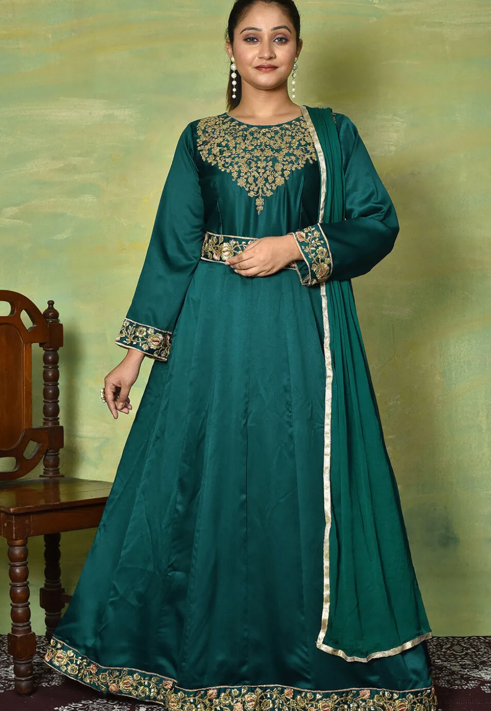 Embroidered Satin Georgette Abaya Style Suit in Teal Green