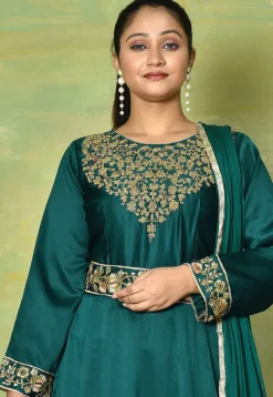Embroidered Satin Georgette Abaya Style Suit in Teal Green