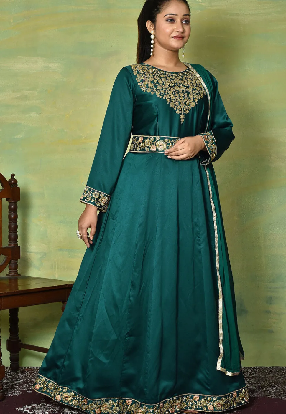 Embroidered Satin Georgette Abaya Style Suit in Teal Green