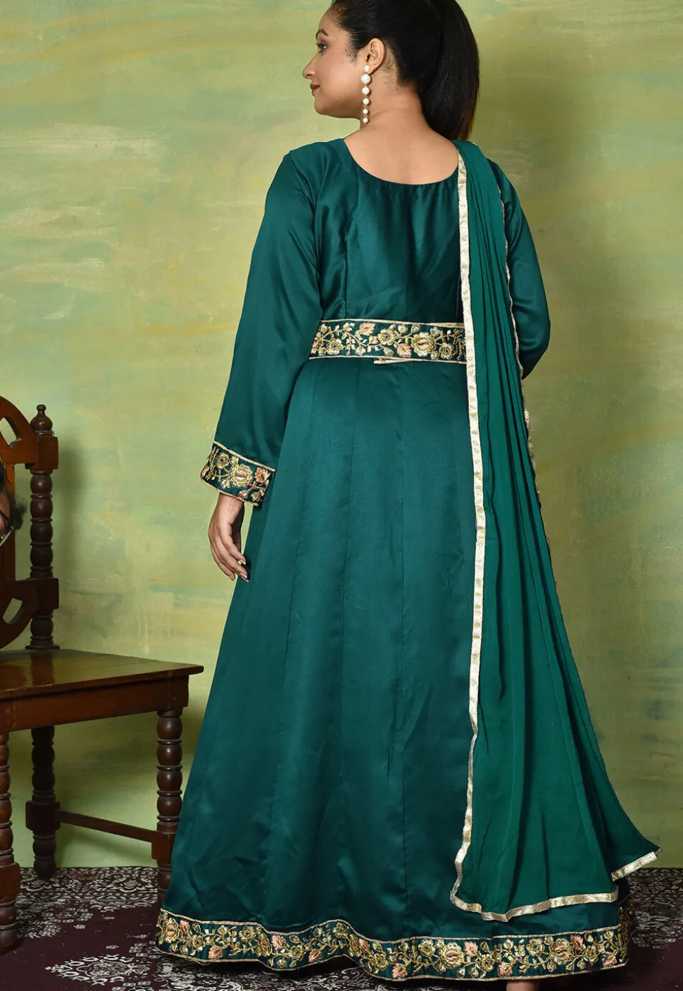 Embroidered Satin Georgette Abaya Style Suit in Teal Green
