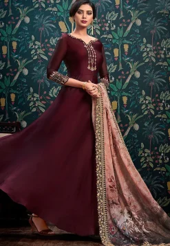 Embroidered Satin Georgette Abaya Style Suit in Maroon