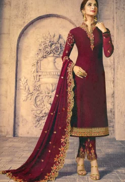 Embroidered Satin Georgette Pakistani Suit in Maroon