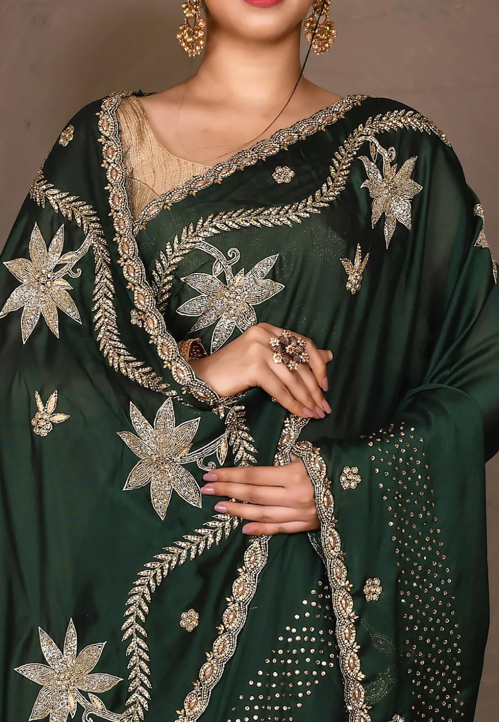 Embroidered Satin Georgette Saree in Dark Green