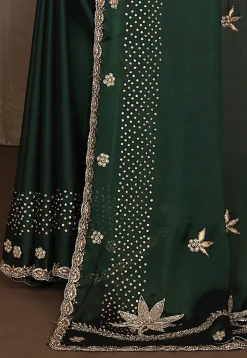 Embroidered Satin Georgette Saree in Dark Green